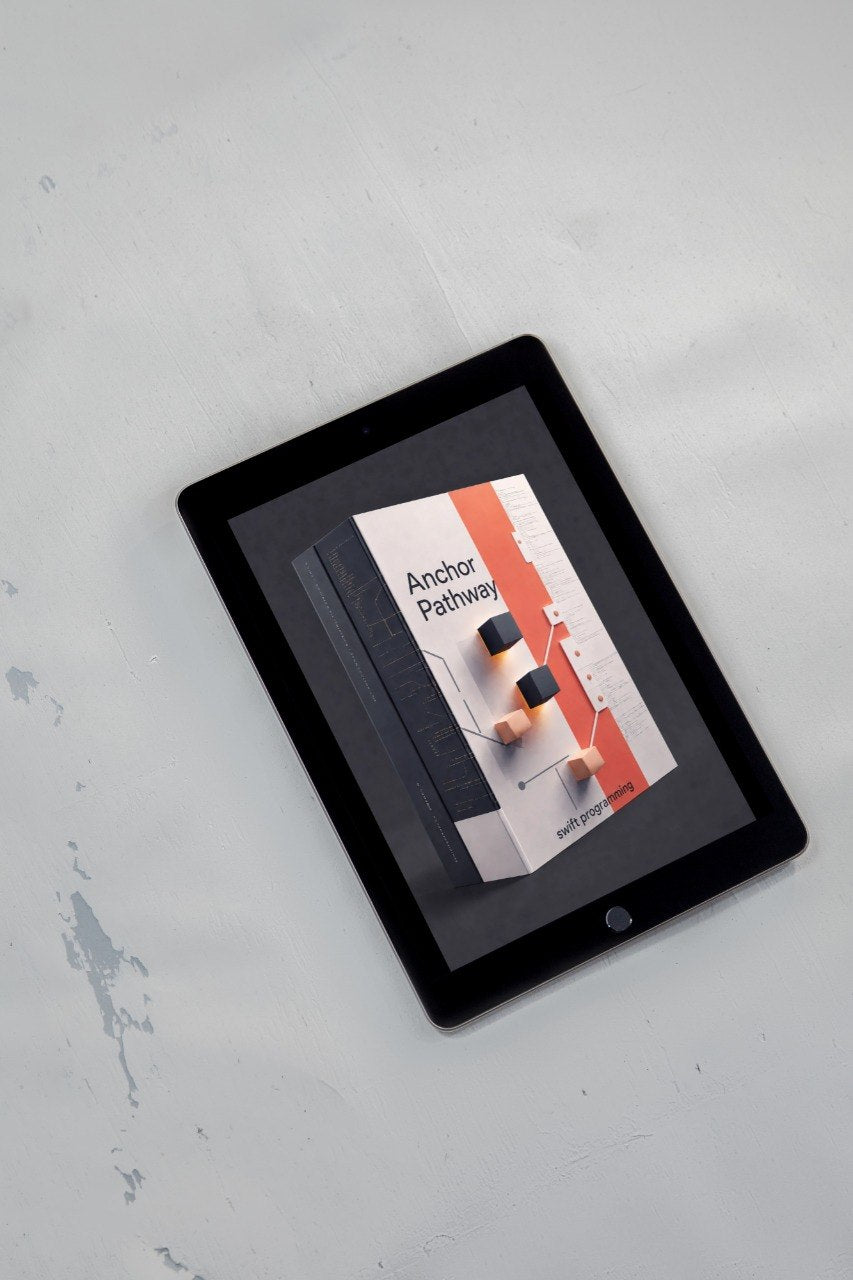 A black tablet device lying on a light gray textured surface, displaying a book cover titled 'Nexus Pathway' on its screen.