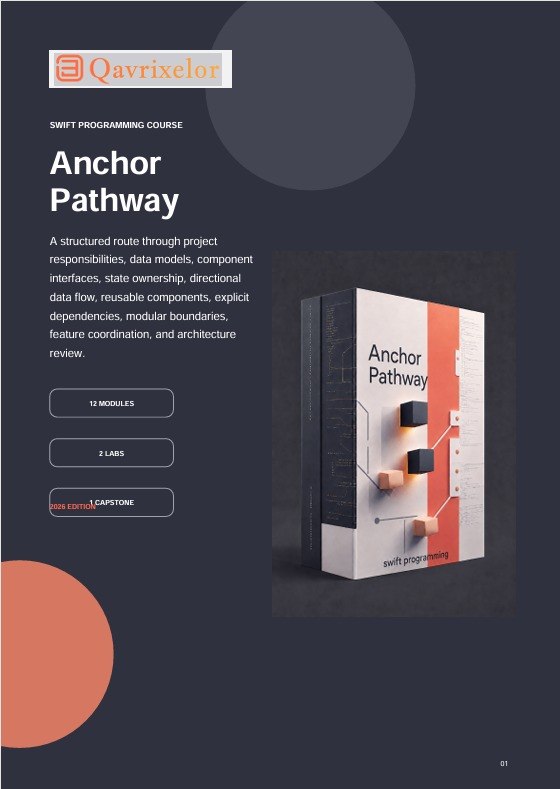 A promotional graphic for a Swift programming course titled 'Anchor Pathway' by Qavrixelor, showing a 3D book-style course cover on a dark gray background with text and abstract orange circular shapes.