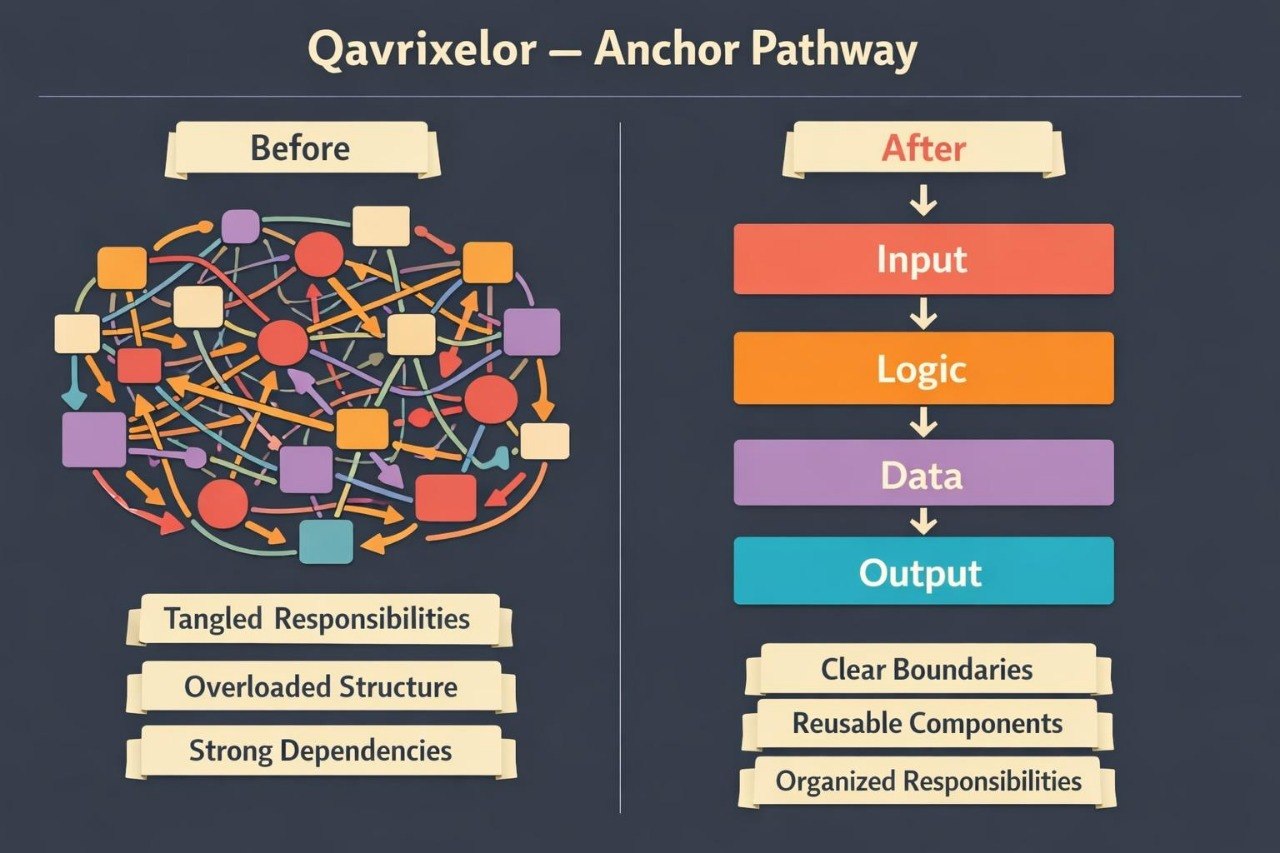A digital infographic titled 'Qavrixelor - Anchor Pathway' comparing a tangled, overloaded 'Before' state with a structured 'After' state. The left side shows a complex web of connected colored boxes and arrows labeled 'Before' with drawbacks like 'Tangled Responsibilities' and 'Overloaded Structure.