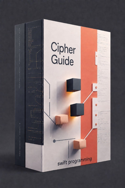 A boxed book or guide titled "Cipher Guide" with a modern cover design. The front cover is white with a vertical coral-orange stripe, dark navy side panels with code-like graphics, and floating 3D cube elements.
