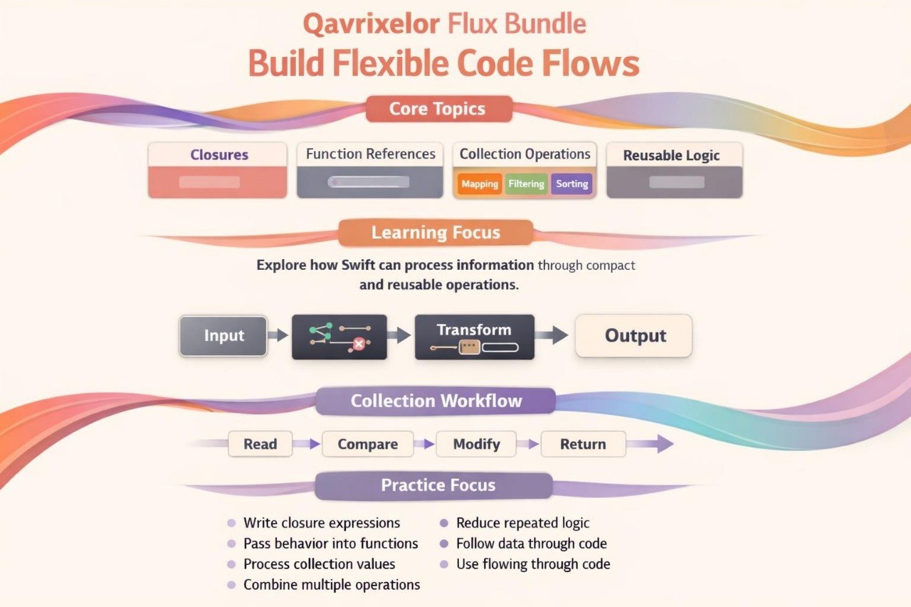 An infographic titled 'Qavrixelor Flux Bundle Build Flexible Code Flows' with sections for Core Topics, Learning Focus, Collection Workflow, and Practice Focus, using a colorful abstract ribbon design on a light beige background.