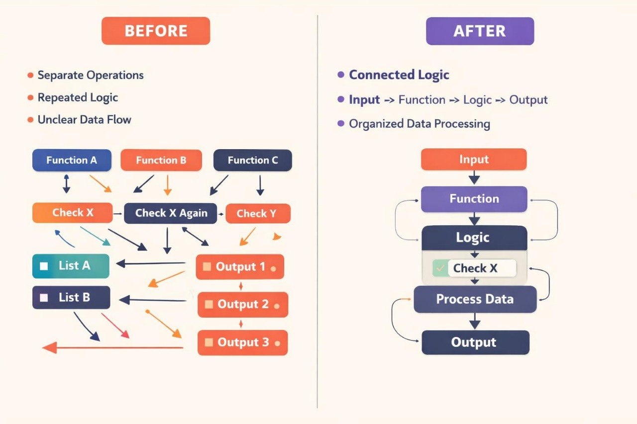A before-and-after flowchart comparison on a light beige background. The left side, labeled BEFORE in an orange box, shows multiple separate operation diagrams with arrows and labels like Function A, Function B, Function C, Check X, List A, and Output 1 through Output 3.