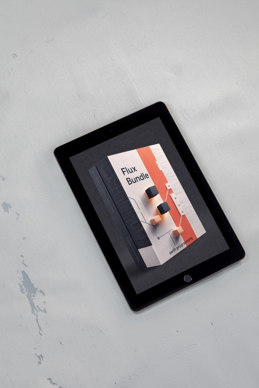 A black tablet device lying on a light gray textured surface, displaying a book or magazine cover titled "Flux Bundle" on its screen.