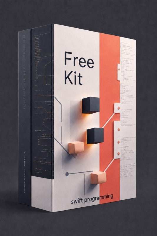 A boxed book or kit titled "Free Kit" with "swift programming" near the bottom, shown on a dark gray background. The cover is mostly white with a bold vertical coral-orange stripe, black text, and a 3D-style diagram of black and peach blocks.