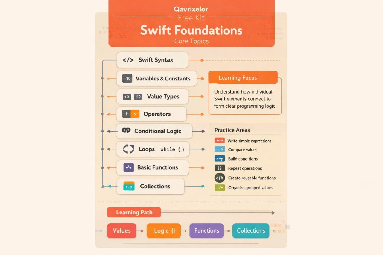An educational infographic poster titled 'Swift Foundations Core Topics' by Qavrixelor Free Kit, featuring a flowchart of Swift programming concepts like syntax, variables, loops, and collections with color-coded sections on a cream background.