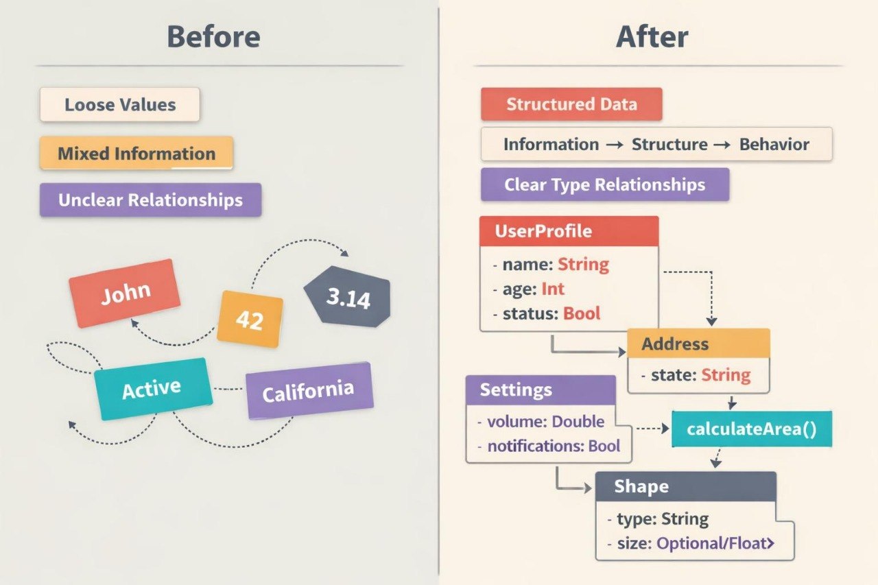 A before-and-after comparison diagram on a light beige background. The left side, labeled 'Before,' shows loose, unstructured data blocks such as 'John,' '42,' '3.