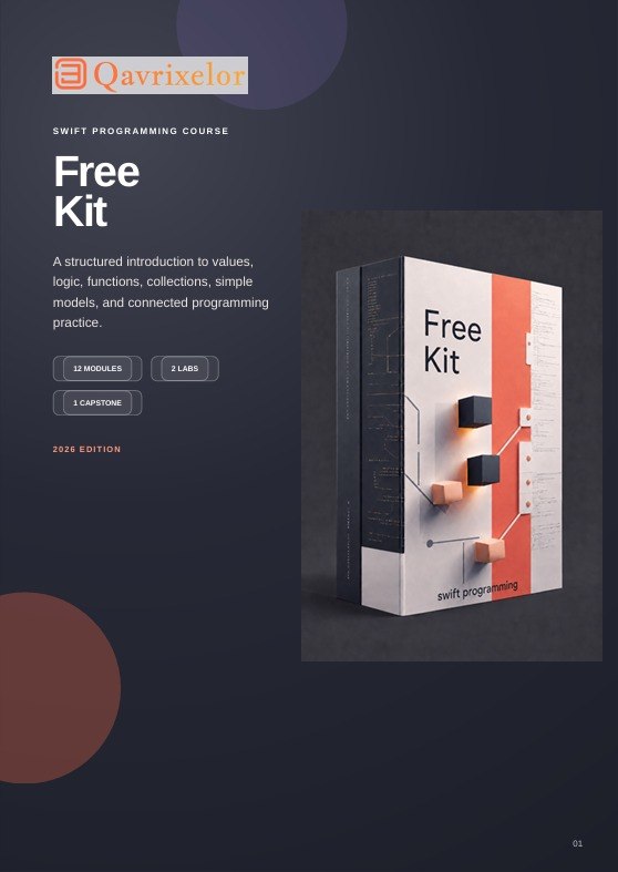 Promotional graphic for a Qavrixelor 'Free Kit' Swift programming course, featuring a 3D mockup of a book-style course box with white, orange, and dark gray colors on a dark background.