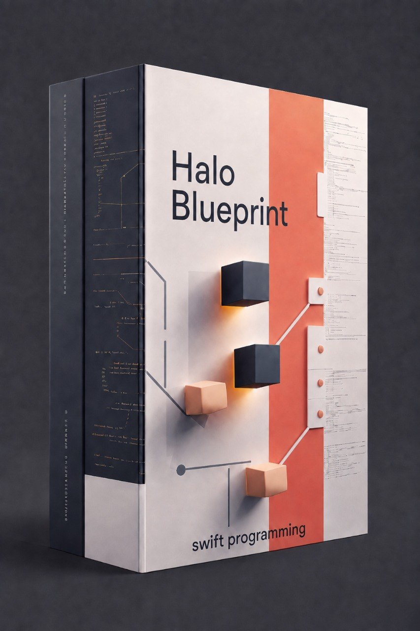 A boxed book or software package titled "Halo Blueprint" with "swift programming" at the bottom, shown on a dark gray background. The front cover is mostly white with a vertical coral-orange stripe, black text, and a 3D-style block diagram.
