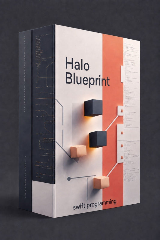 A boxed book or software package titled "Halo Blueprint" with "swift programming" at the bottom, shown on a dark gray background. The front cover is mostly white with a vertical coral-orange stripe, black text, and a 3D-style block diagram.