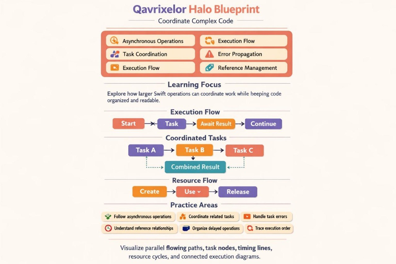 An educational flowchart titled 'Qavrixeler Halo Blueprint' explaining concepts like asynchronous operations, execution flow, and resource flow using colorful diagram blocks on a white background.