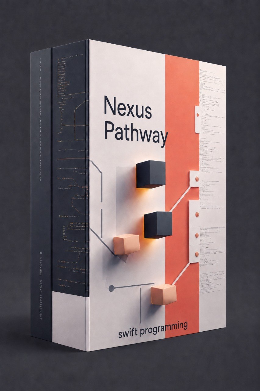 A boxed book or course titled "Nexus Pathway" with "swift programming" visible on the front, shown at a slight angle against a dark gray background. The cover design is mostly white with a bold vertical coral-orange stripe, a dark navy spine panel, and floating 3D cube graphics.