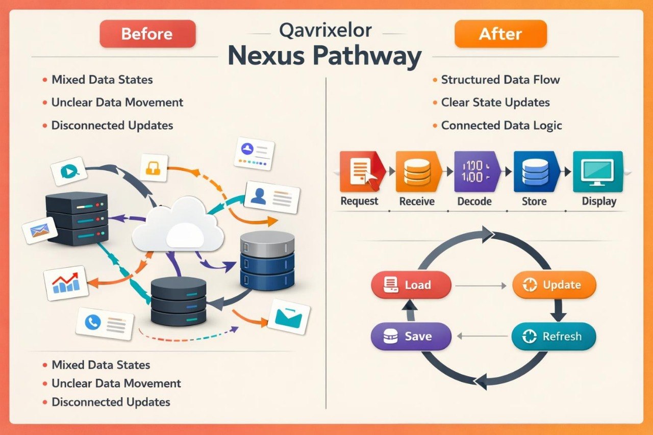 An infographic comparing the 'Before' and 'After' states of the Qavrixelor Nexus Pathway. The left 'Before' section shows a messy, multi-colored database setup with various icons like charts, users, and servers.
