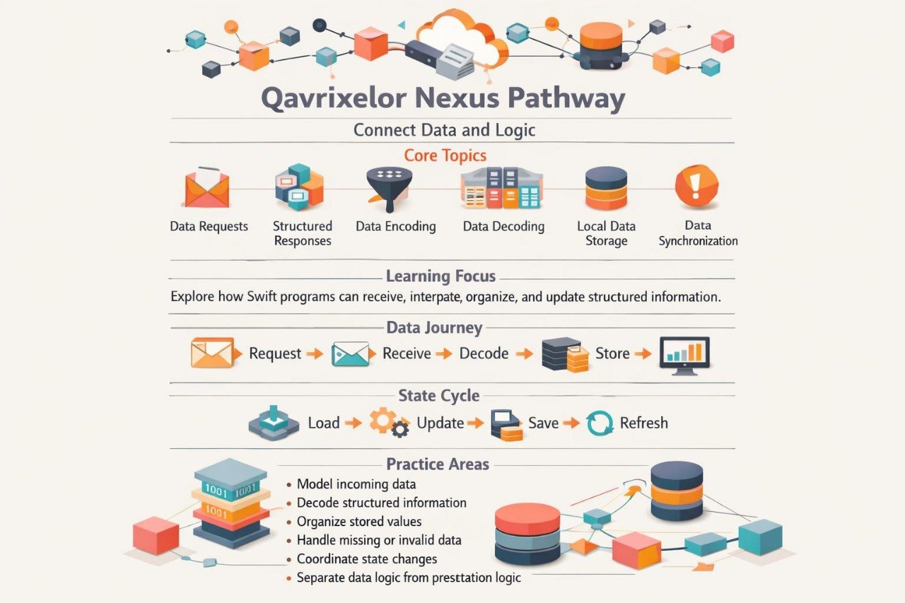 An infographic titled 'Qavrixelor Nexus Pathway' with illustrated icons and text sections for Core Topics, Learning Focus, Data Journey, and Practice Areas on a light beige background.