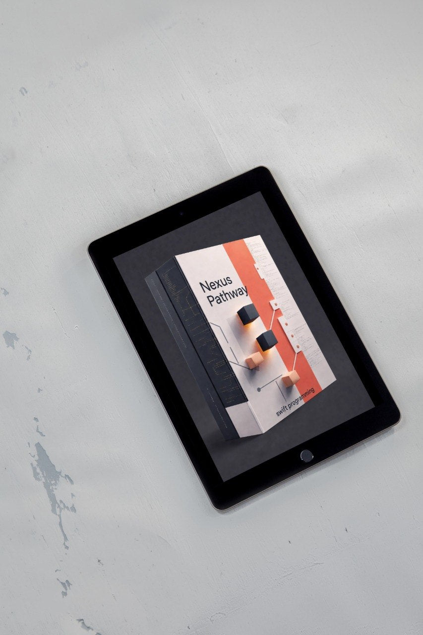 A black tablet device lying on a light gray textured surface, displaying a book cover titled 'Nexus Pathway' on its screen.