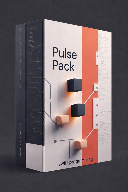 A boxed software product titled 'Pulse Pack' with a modern cover design in white, coral orange, and dark charcoal, photographed on a dark gray studio background. The spine and front cover are visible, with abstract 3D cube graphics and the text 'swift programming' near the bottom.