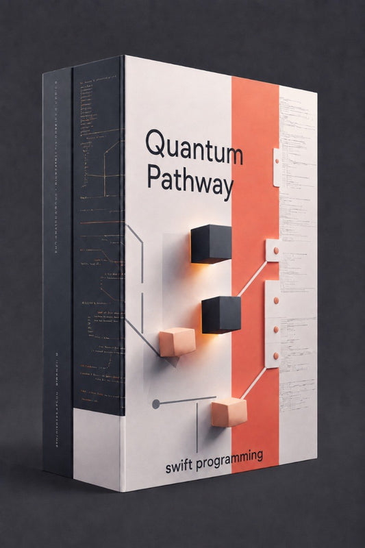 A boxed book or course titled "Quantum Pathway" with "swift programming" at the bottom, shown standing upright on a dark gray surface. The cover is mostly white with a bold orange vertical panel and black text, while the spine is dark gray with light text and line diagrams.