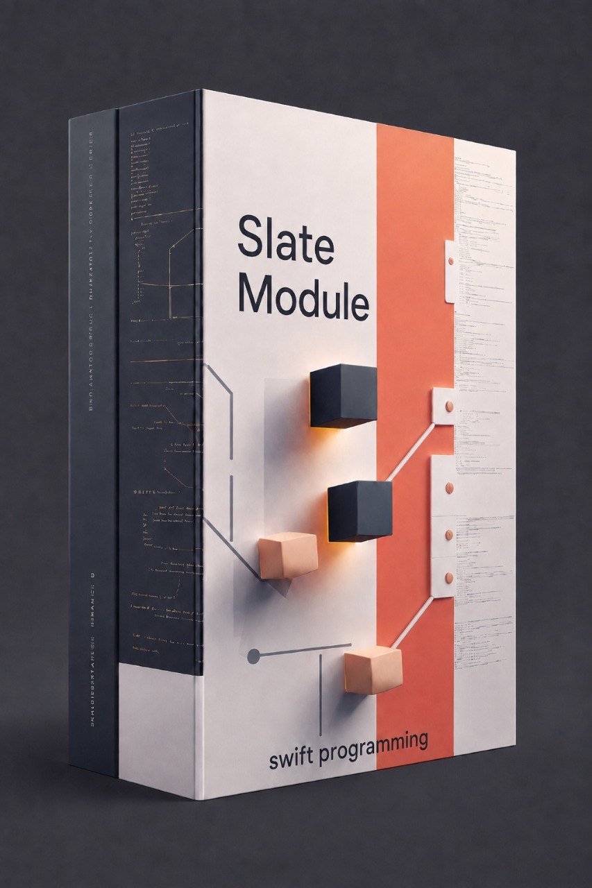 A boxed book or software package titled "Slate Module" with "swift programming" at the bottom, shown on a dark gray background. The cover is mostly white with a vertical orange stripe and abstract 3D block graphics.