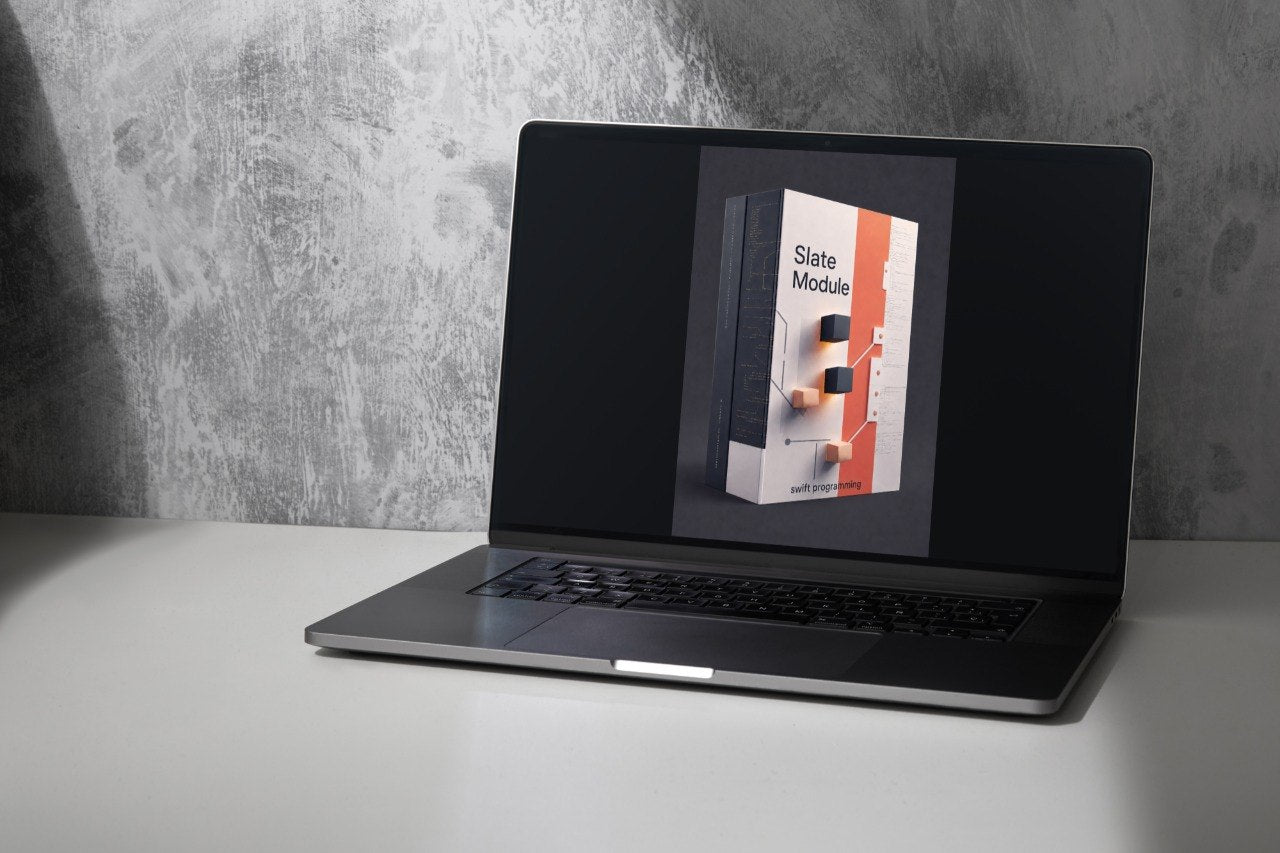 A silver laptop sits open on a white surface against a textured gray wall, displaying a software box graphic labeled 'State Module' on its screen.