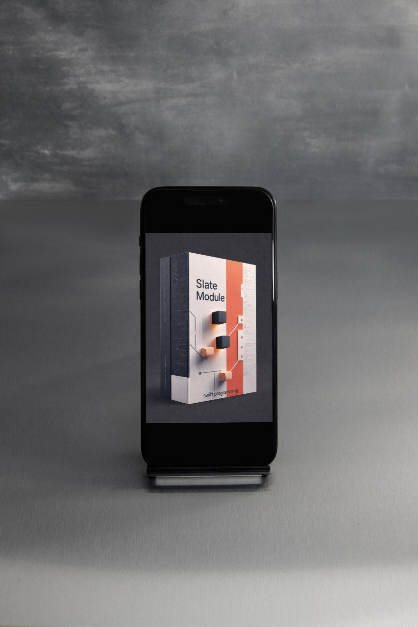 A black smartphone on a small display stand, showing a digital mockup of a book or module cover titled 'Slate Module' on its screen, set against a dark gray textured background.